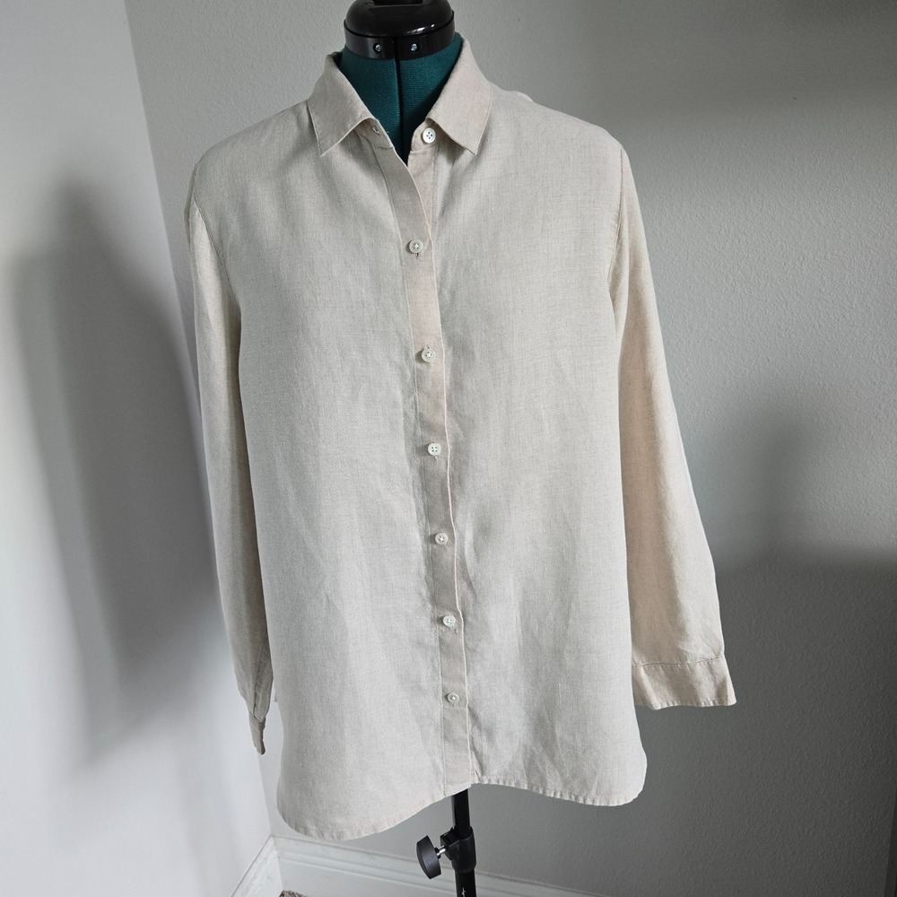 J. Jill Love Linen Womens Button up Shirt Long Sleeves Tan Size Medium Classic